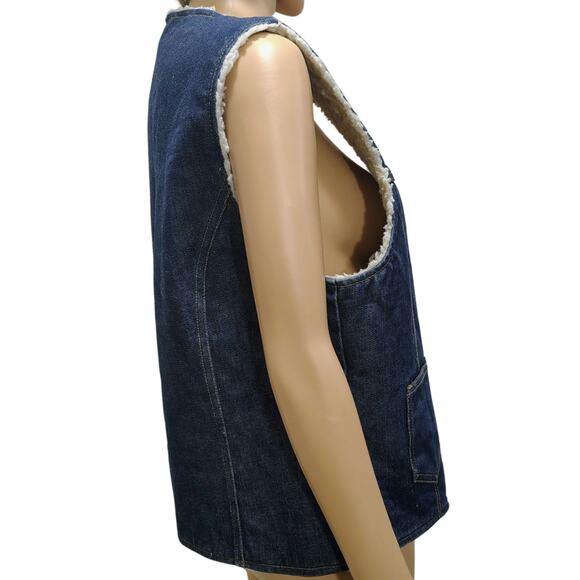 1960s Blue Denim Western Sherpa Vest Seams Brass Snaps Closure Pockets Size Med - Picture 7 of 9